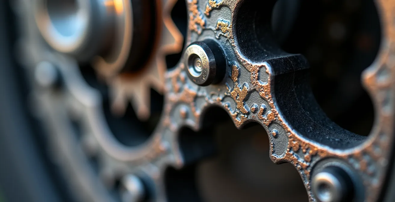 Vue macro détaillée des caoutchoucs amortisseurs dans une couronne de moto montrant l'usure