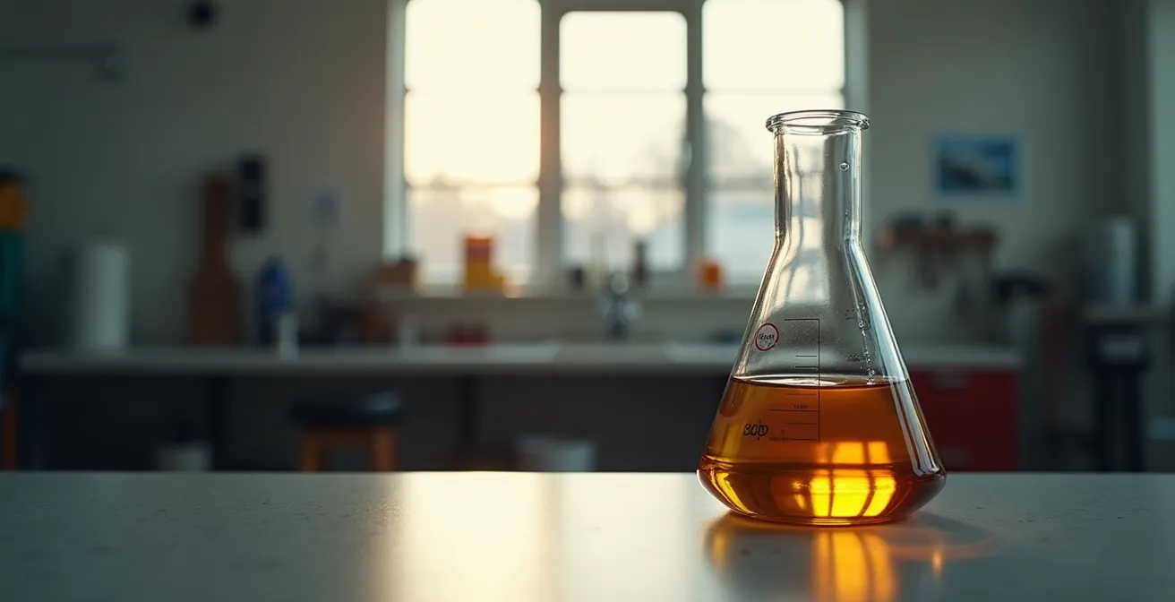 Analyse visuelle de l'huile moteur dans un récipient transparent montrant sa qualité et sa couleur