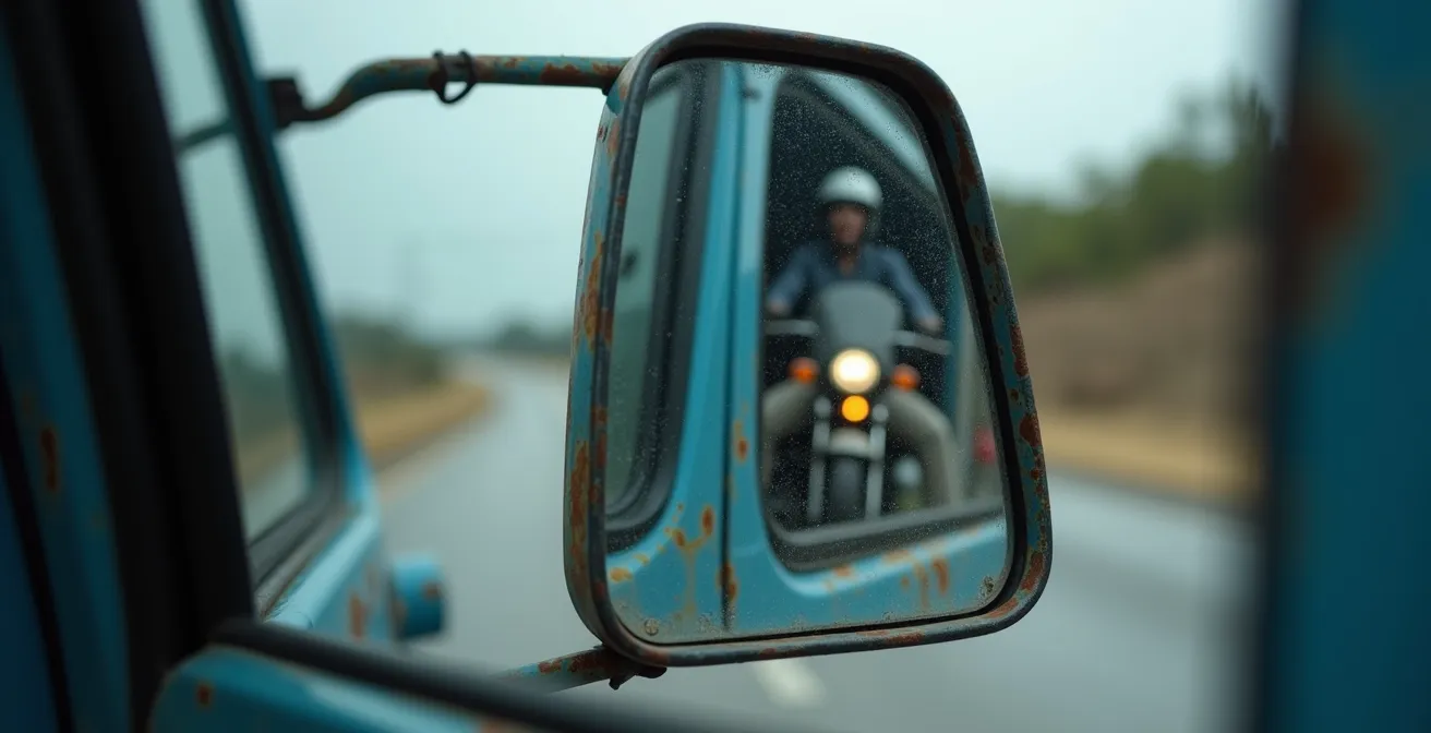 Vue macro rapprochée d'un rétroviseur de camion reflétant une moto en approche