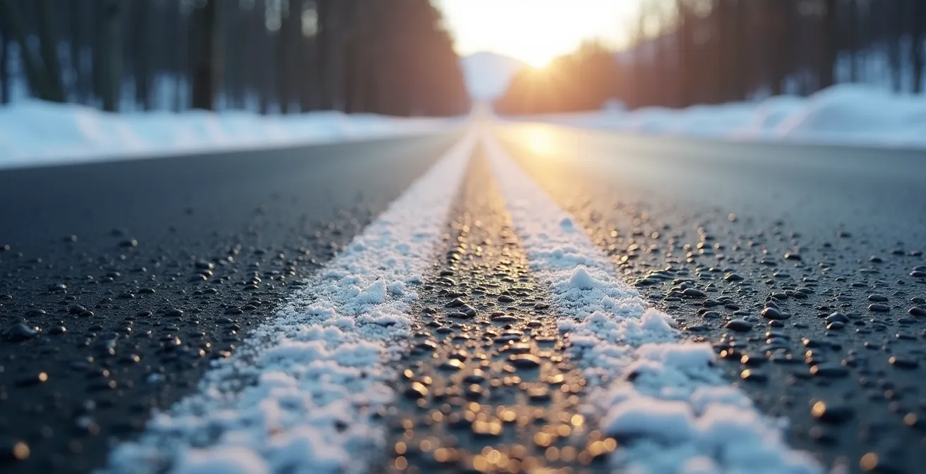 Surface d'asphalte froide en hiver avec détails de la texture granuleuse et des micro-aspérités
