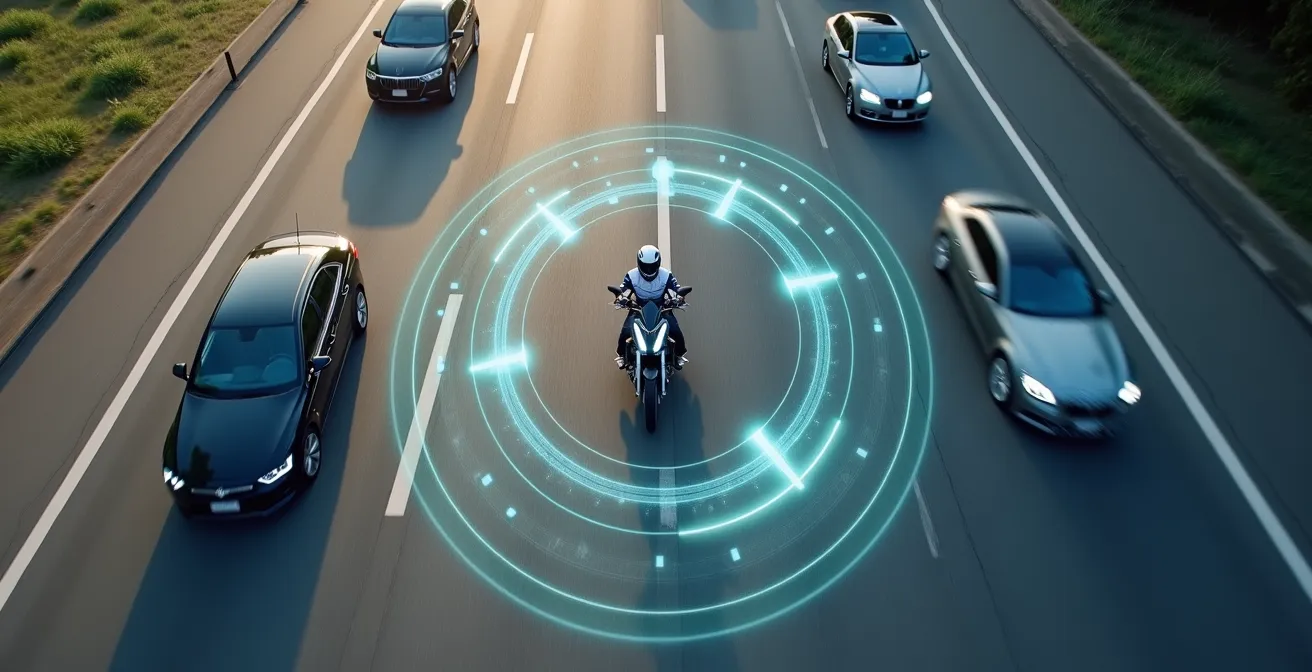 Vue aérienne d'une moto sur autoroute montrant les zones de sécurité autour du véhicule