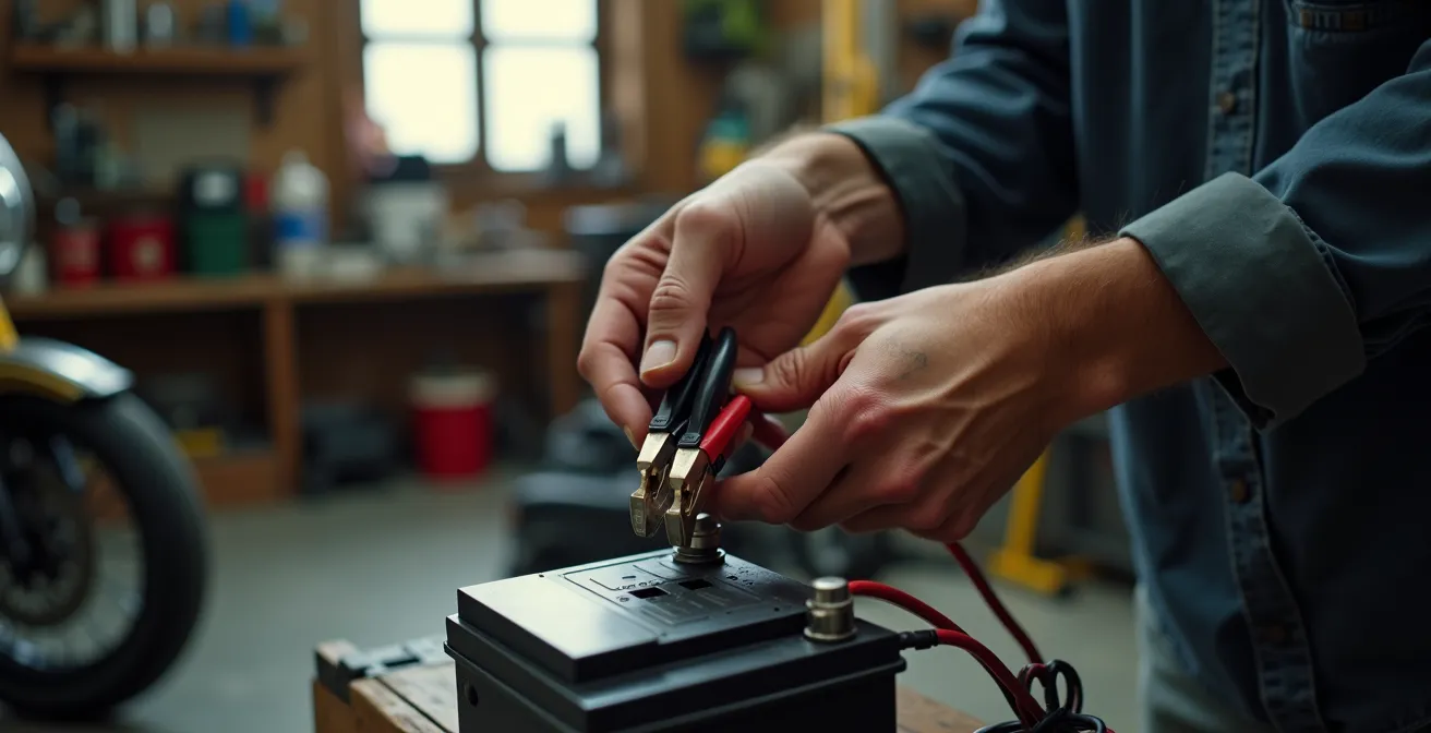 Chargeur de batterie connecté à une moto dans un garage