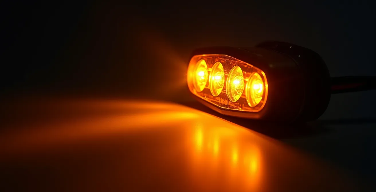 Vue macro d'un clignotant séquentiel à LED orange en action avec effet de défilement visible