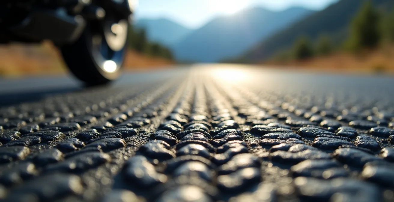 Route de montagne sinueuse vue d'en haut avec des virages en épingle serrés.