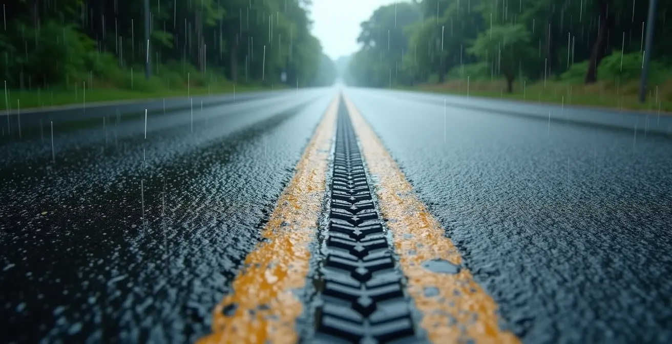 Vue en coupe comparative de deux types d'enrobés routiers sous la pluie