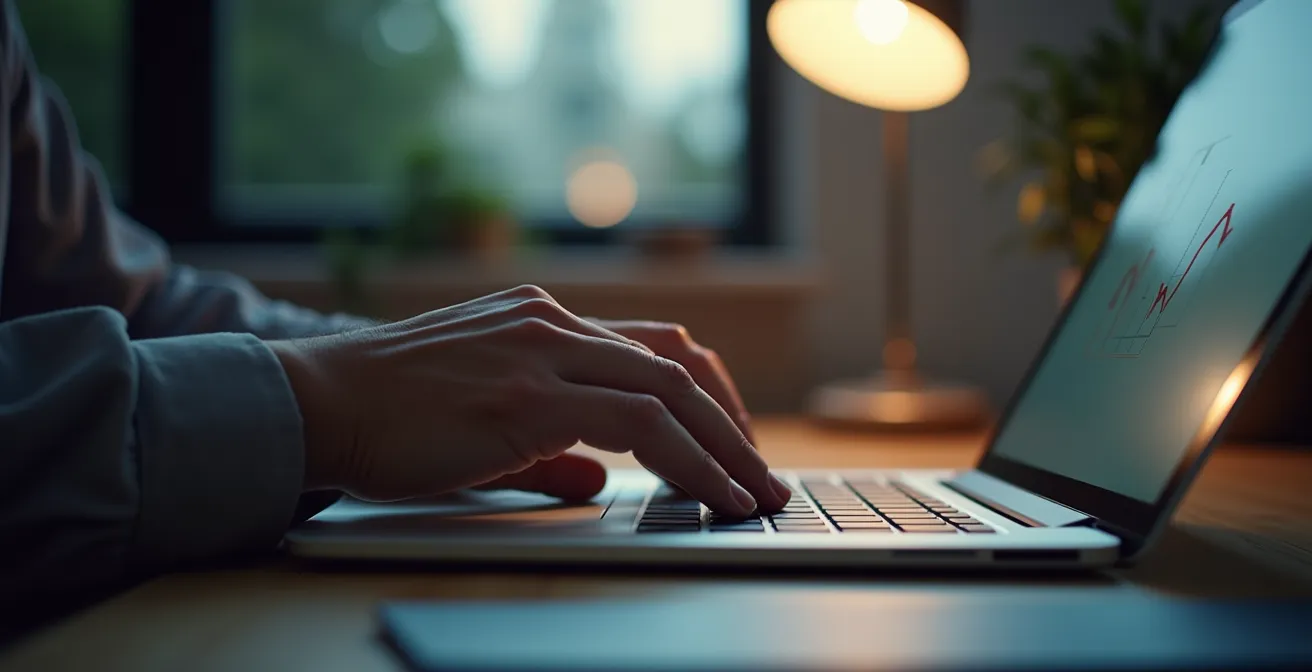 Écran d'ordinateur vu de côté avec conversion d'itinéraire, mains sur le clavier en action.