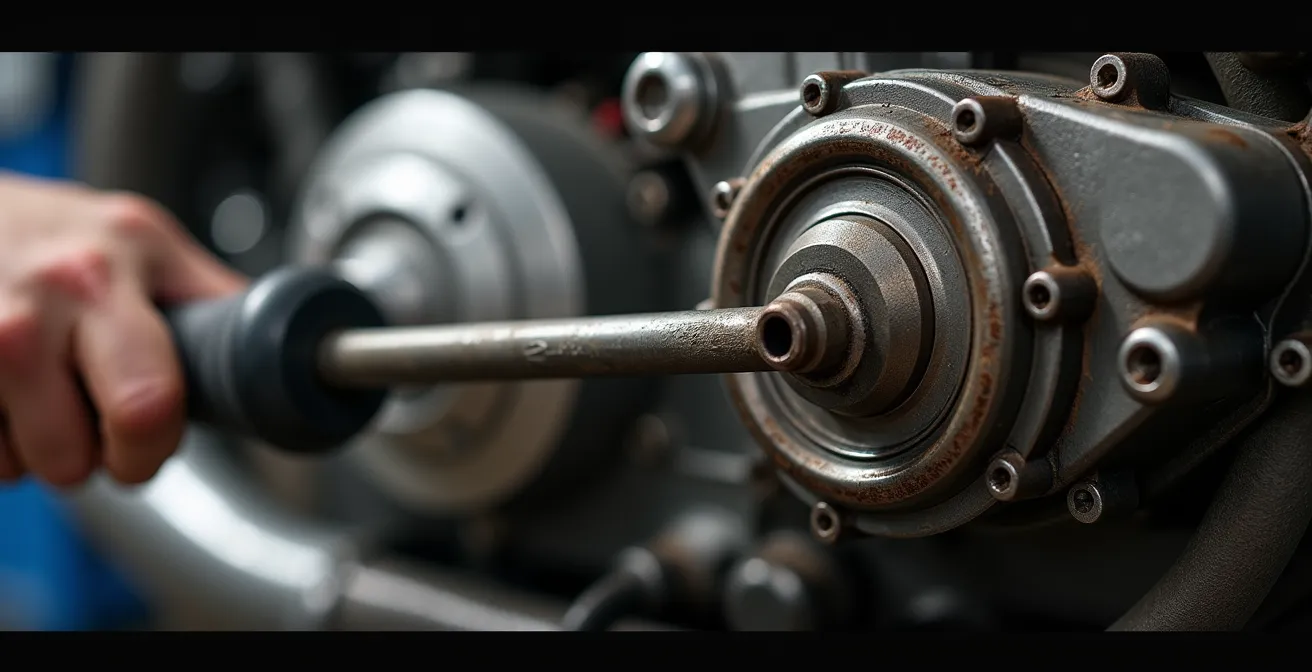 Mécanicien utilisant la technique du tournevis-stéthoscope sur un moteur de moto pour localiser un bruit