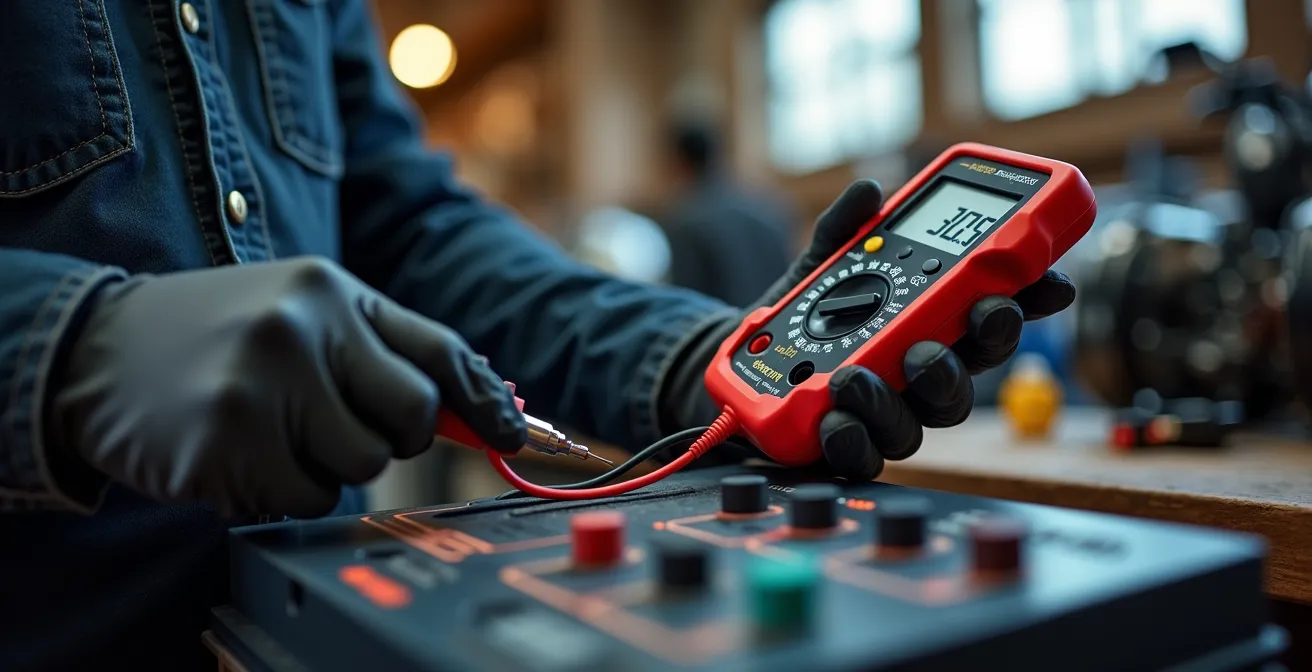 Multimètre numérique mesurant la tension d'une batterie moto