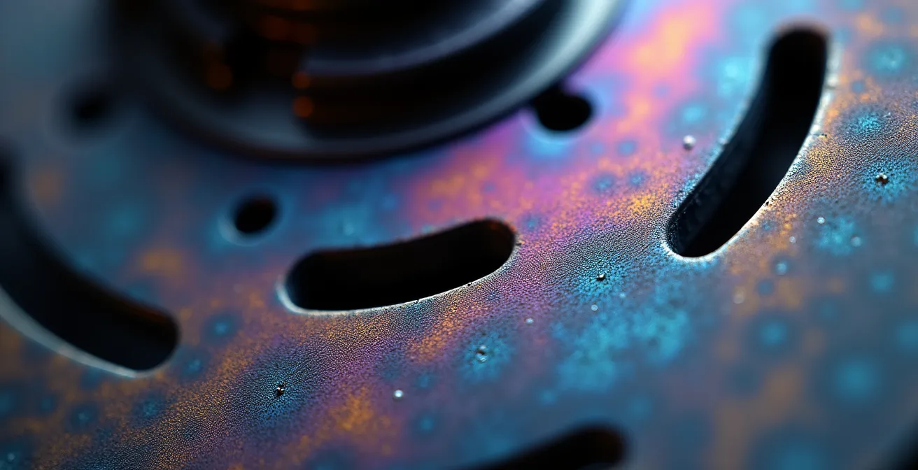 Détail macro d'un disque de frein moto montrant les signes de surchauffe