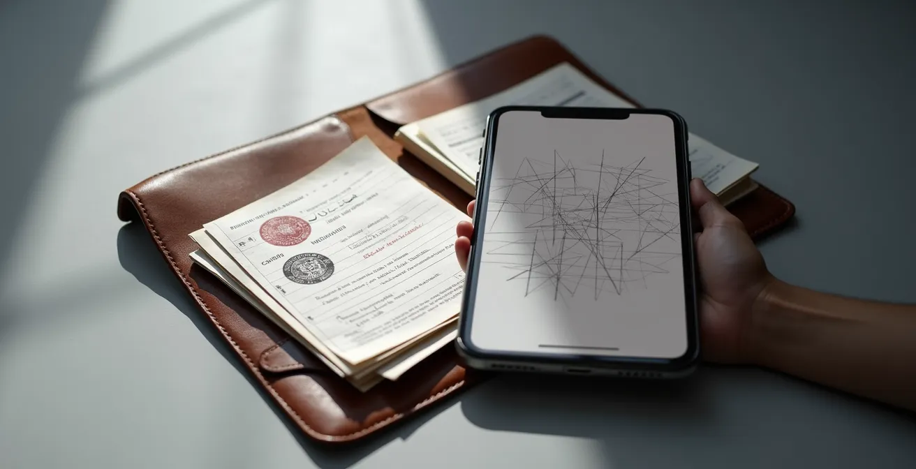 Comparaison visuelle entre un classeur de factures papier organisé et un smartphone montrant une interface d'application