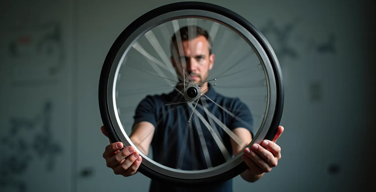 Formateur démontrant l'effet gyroscopique avec une roue de vélo en rotation