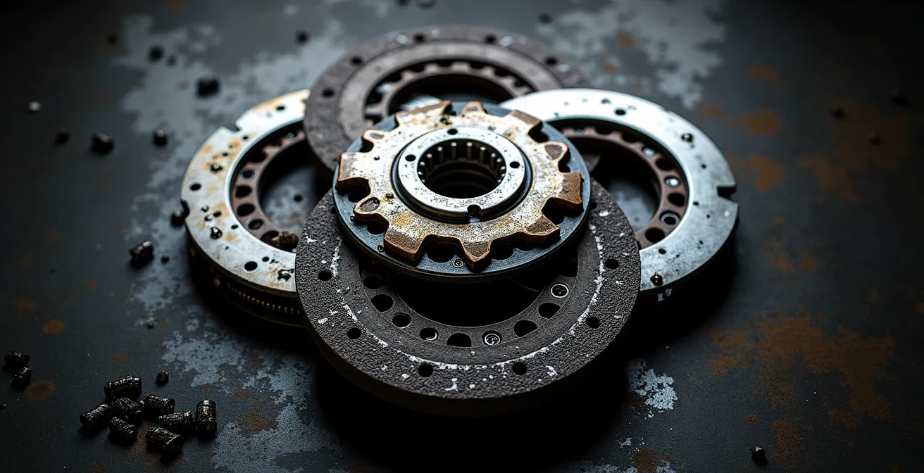 Vue en coupe d'un embrayage humide de moto montrant les disques baignant dans l'huile