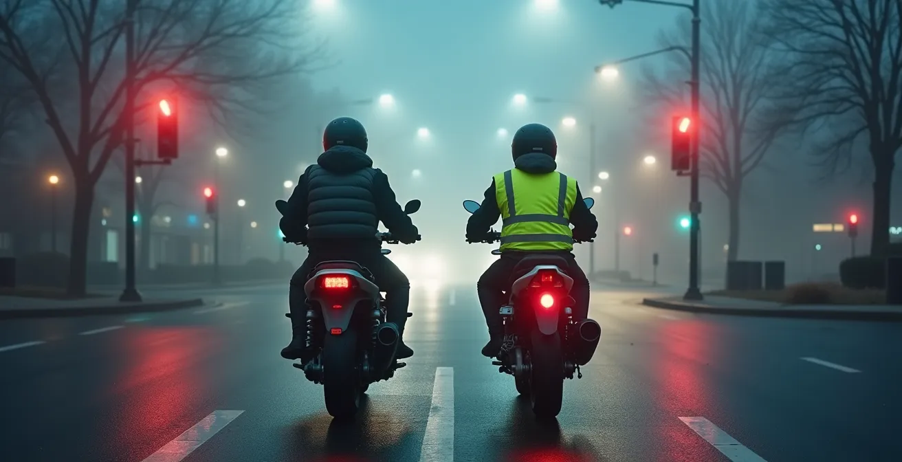 Comparaison visuelle entre un motard équipé d'un gilet airbag et un autre portant un équipement haute visibilité dans des conditions hivernales