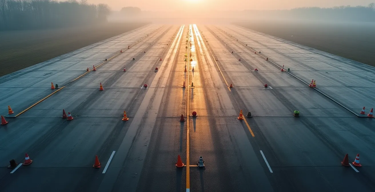 Vue aérienne d'un parking d'entraînement avec traces de freinage et cônes orange