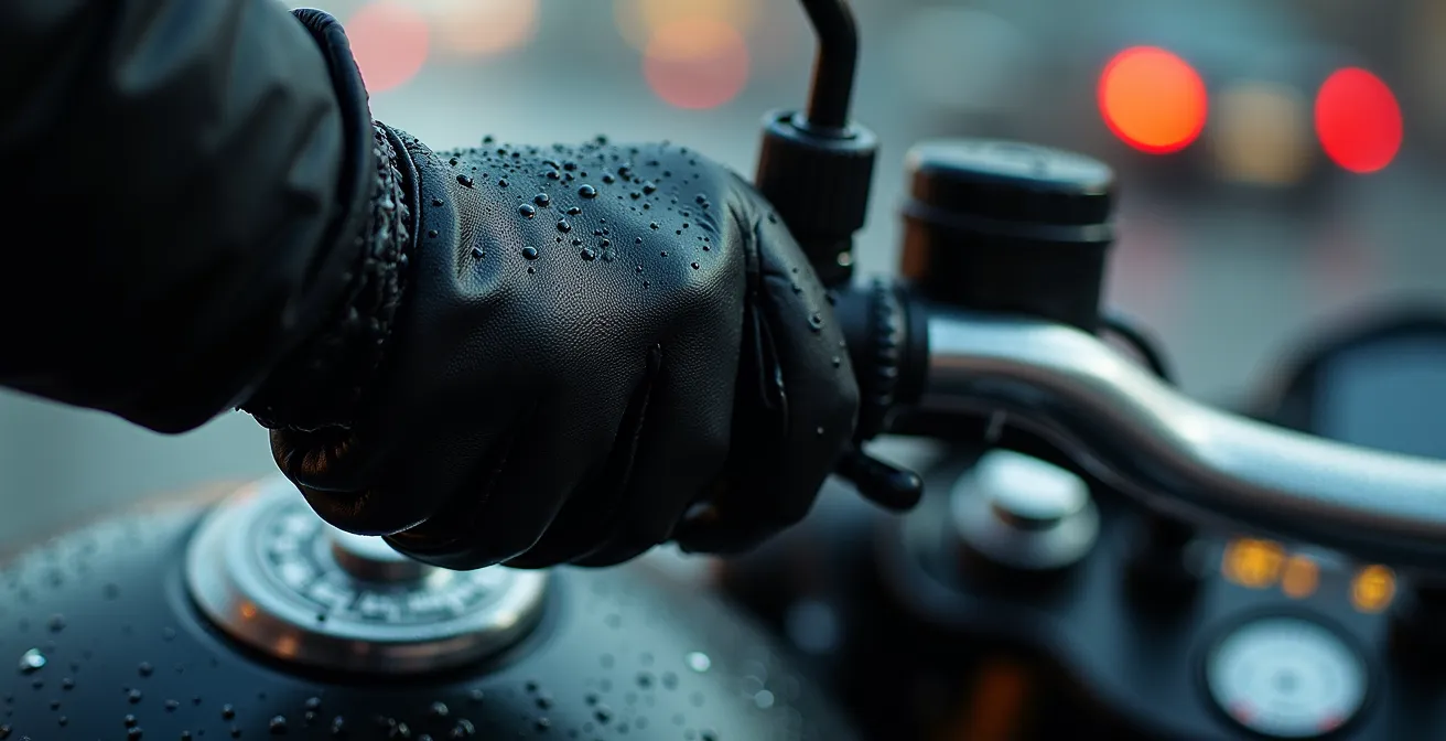 Gros plan macro sur main de motard en position de pré-activation sur levier de frein