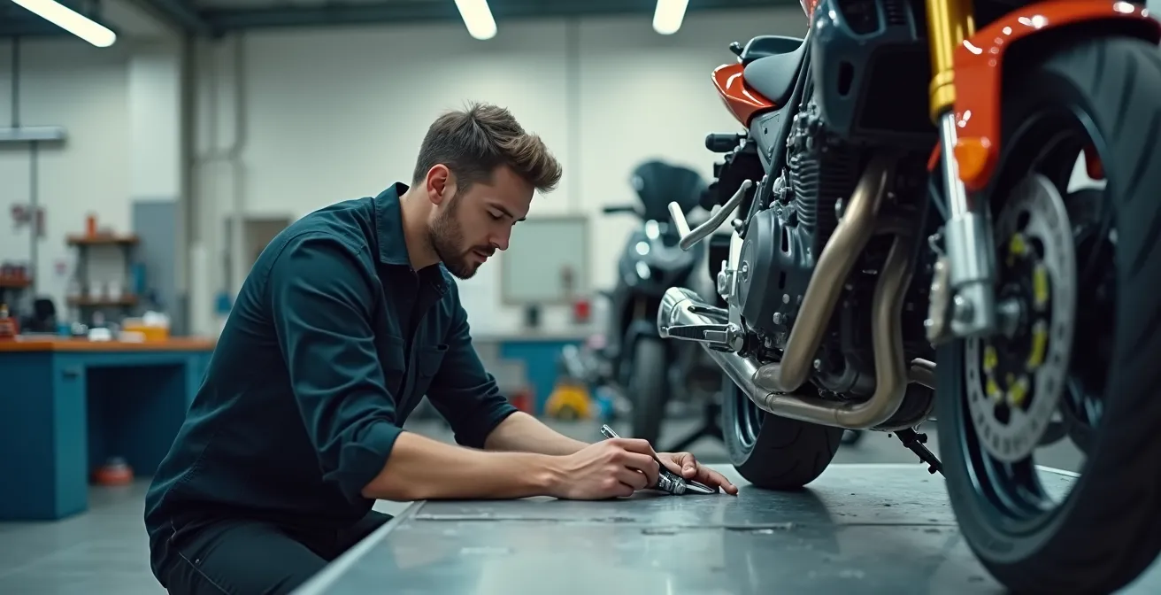 Application de graisse sur un axe de levier de frein moto dans un atelier