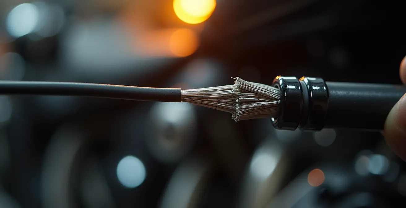 Gros plan sur l'inspection d'un câble d'embrayage moto avec technique du contre-jour