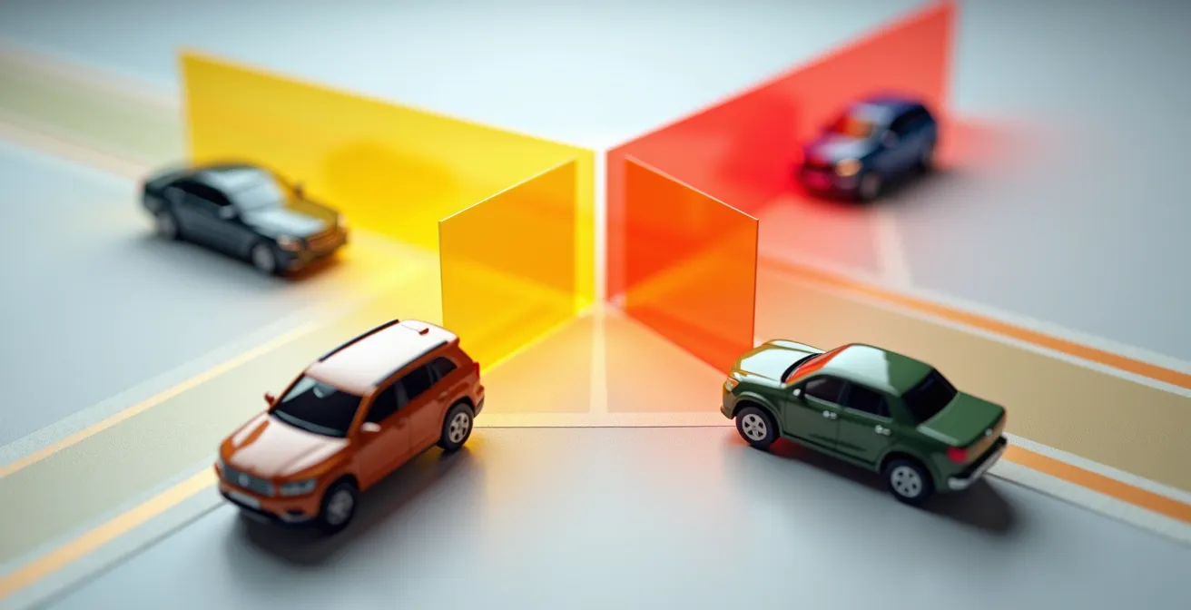 Schéma visuel d'une intersection avec zones de danger colorées selon leur niveau de priorité