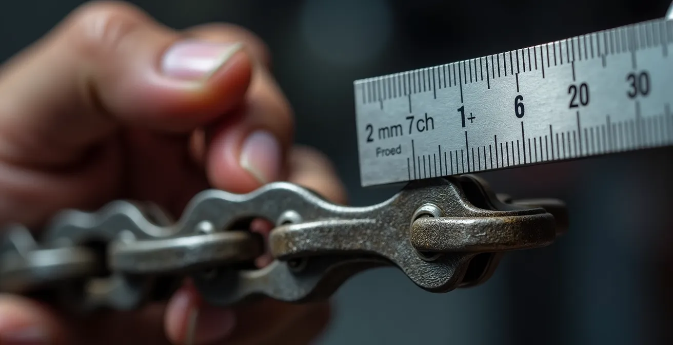 Vue macro de la mesure du débattement de chaîne avec un réglet