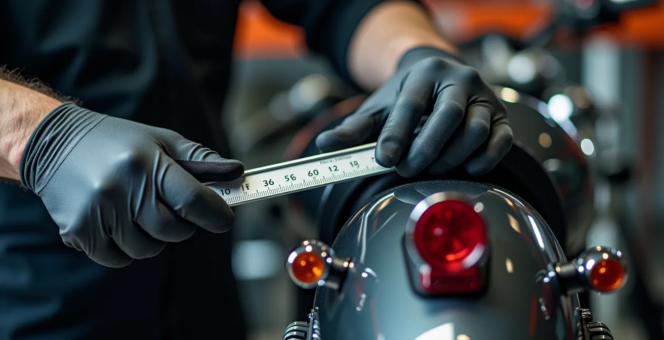 Vue arrière d'une moto montrant la mesure correcte de l'écartement entre clignotants