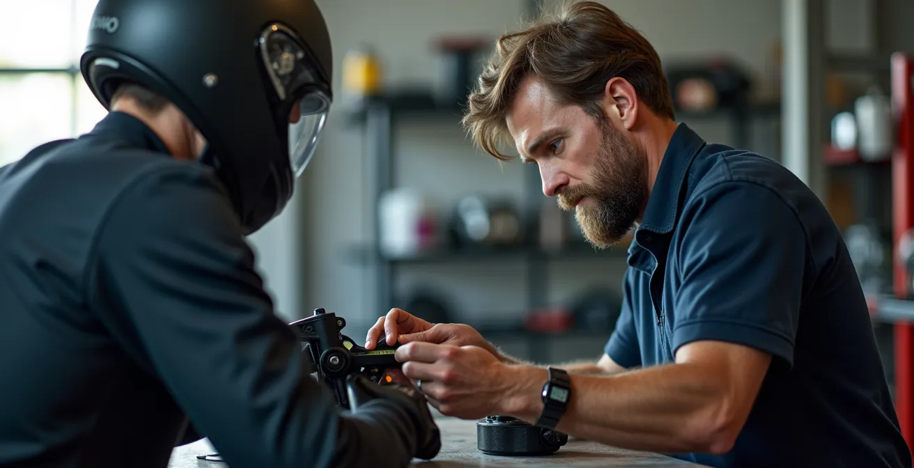 Pilote mesurant le SAG dynamique sur suspension arrière de moto trail