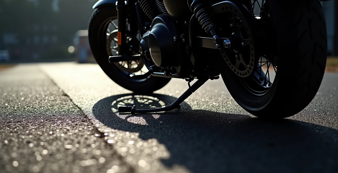 Moto custom illustrant la limite géométrique basse avec cale-pieds proches du sol