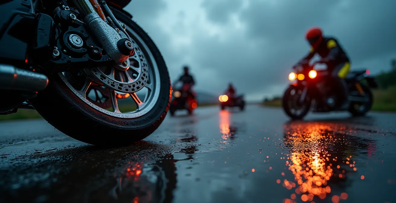 Moto personnalisée sous la pluie montrant l'importance des équipements de sécurité