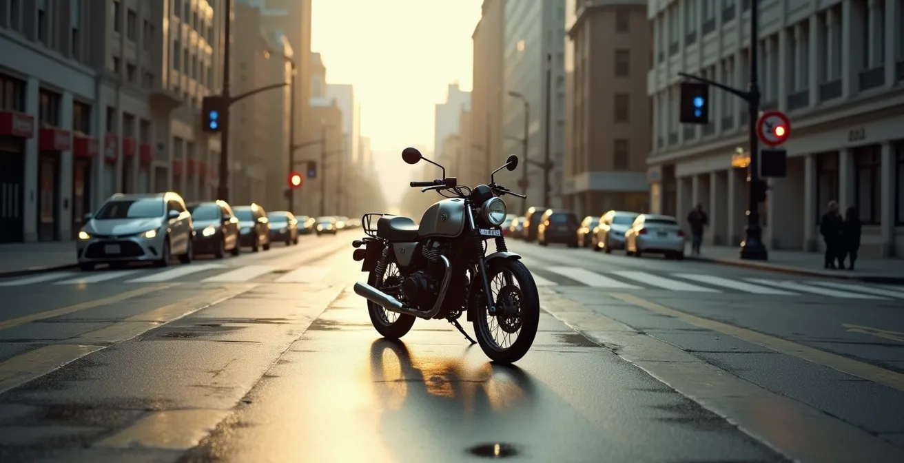Moto dans un environnement urbain illustrant les conditions difficiles pour l'huile moteur