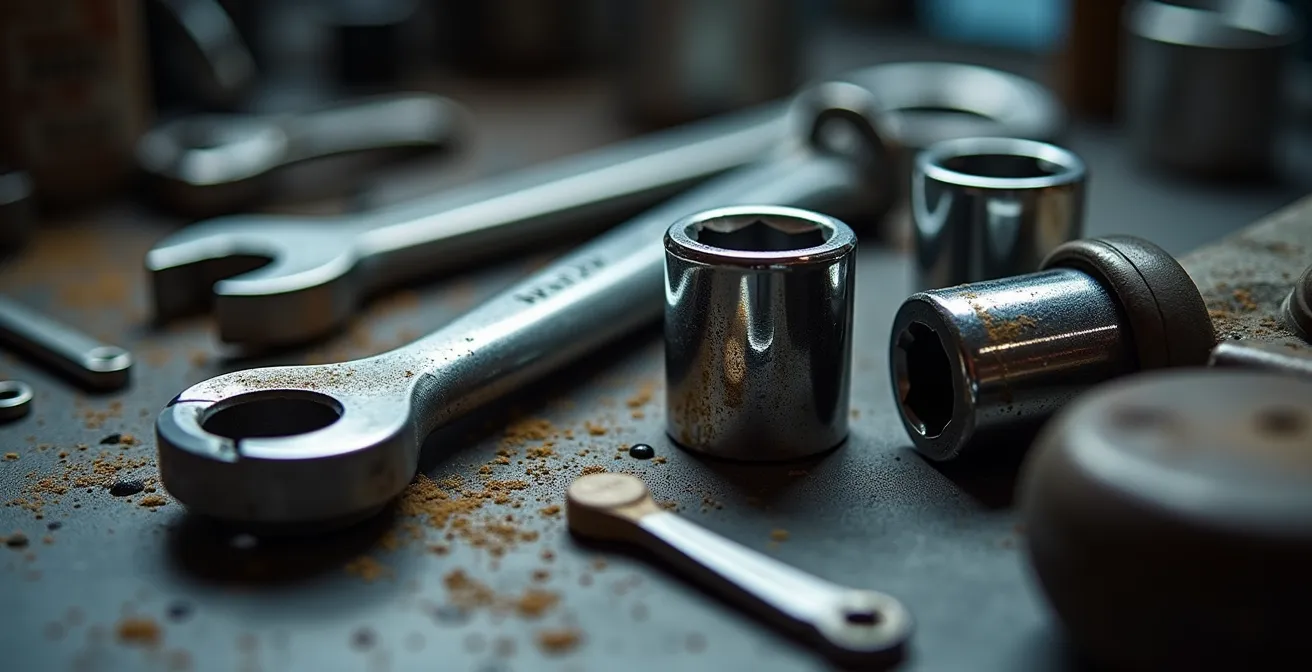 Gros plan sur un établi avec outils de mécanique moto soigneusement organisés