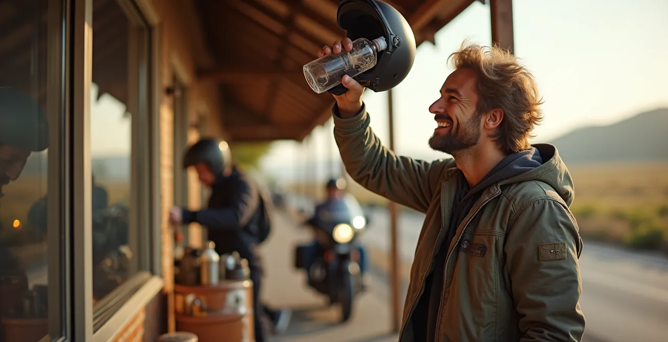 Motard lors d'une pause ravitaillement avec collations énergétiques saines