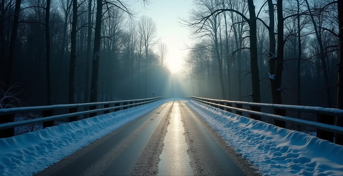 Vue large d'un pont ombragé en sous-bois avec conditions hivernales dangereuses