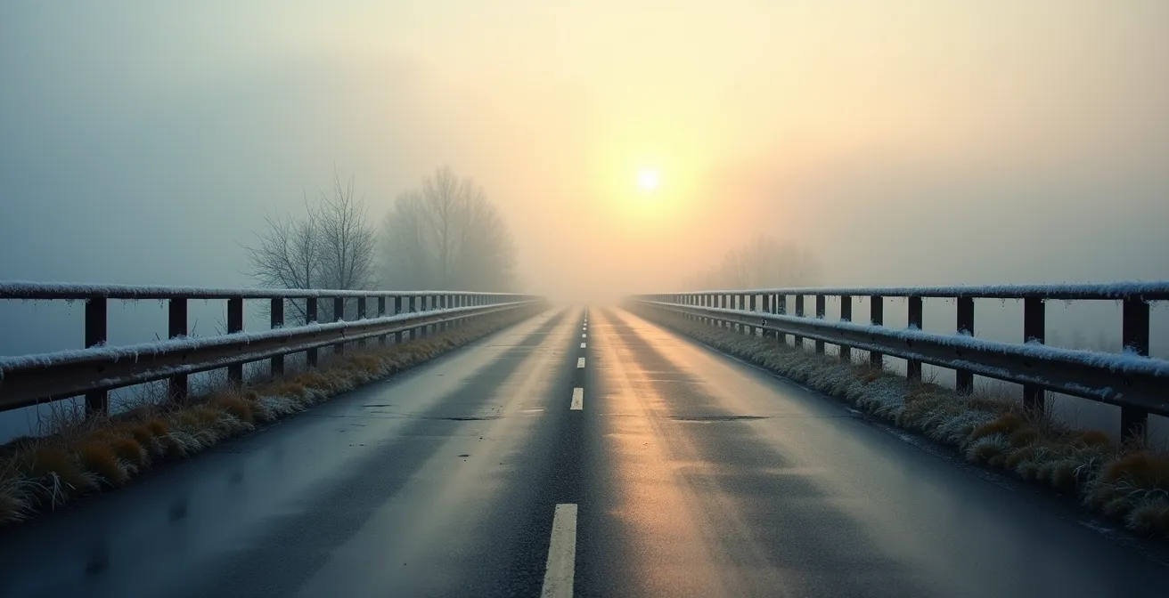 Vue atmosphérique d'un pont routier au petit matin avec condensation visible sur les structures métalliques