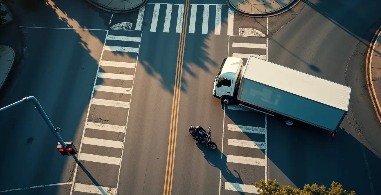 Position sécurisée d'un motard au feu rouge évitant la zone de giration d'un camion