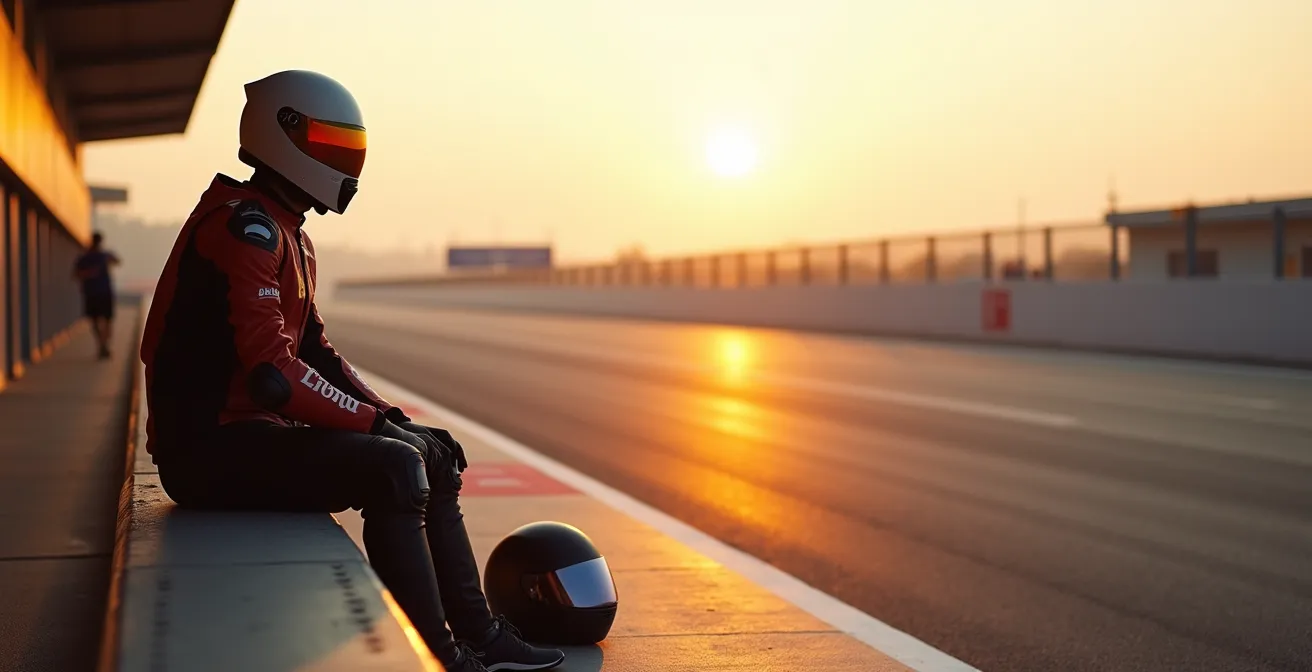 Pilote en combinaison se concentrant avant une session, environnement de paddock