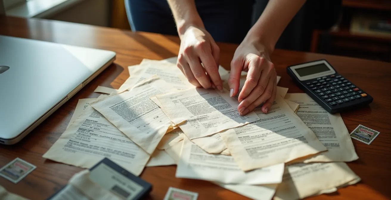 Bureau avec documents éparpillés, téléphone et ordinateur portable montrant un processus de recherche