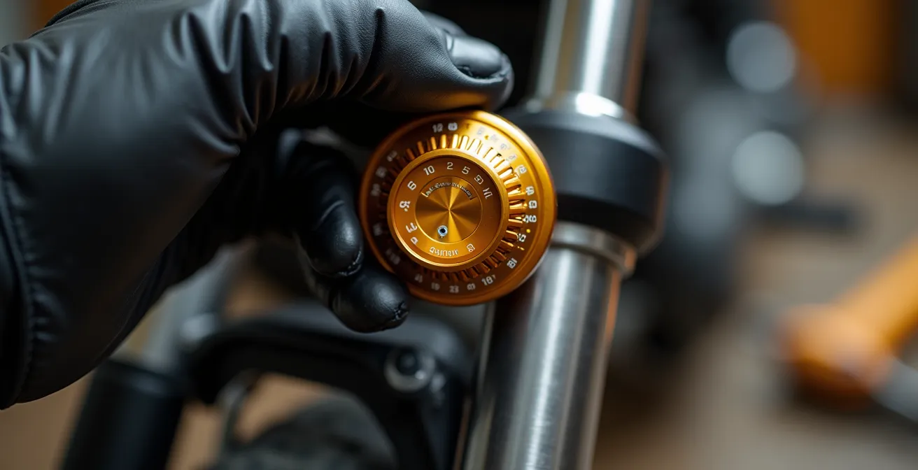 Vue macro d'une main ajustant la molette de détente sur une fourche de moto