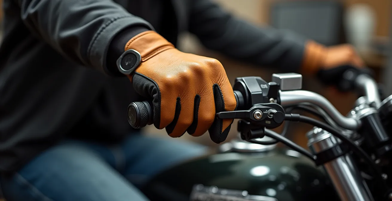 Gros plan sur les mains d'un motard ajustant les leviers de frein avec alignement parfait du poignet