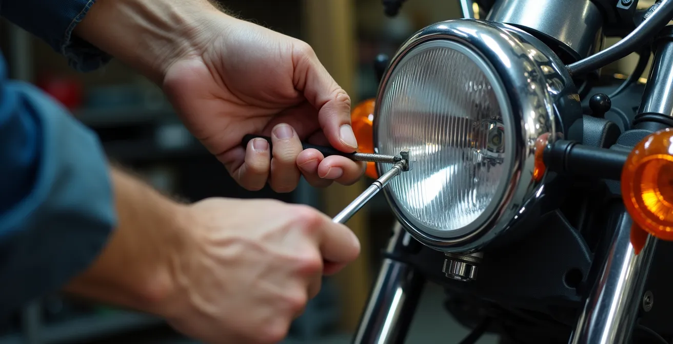 Mécanicien ajustant la vis de réglage d'un phare de moto avec un tournevis
