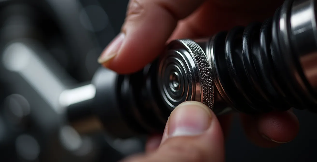 Gros plan sur molette de réglage de précharge d'amortisseur arrière moto