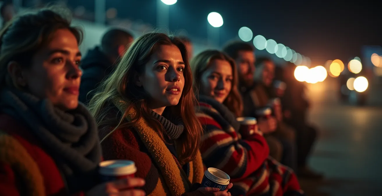 Spectateurs regardant une course de moto d'endurance la nuit avec les phares des motos illuminant la piste