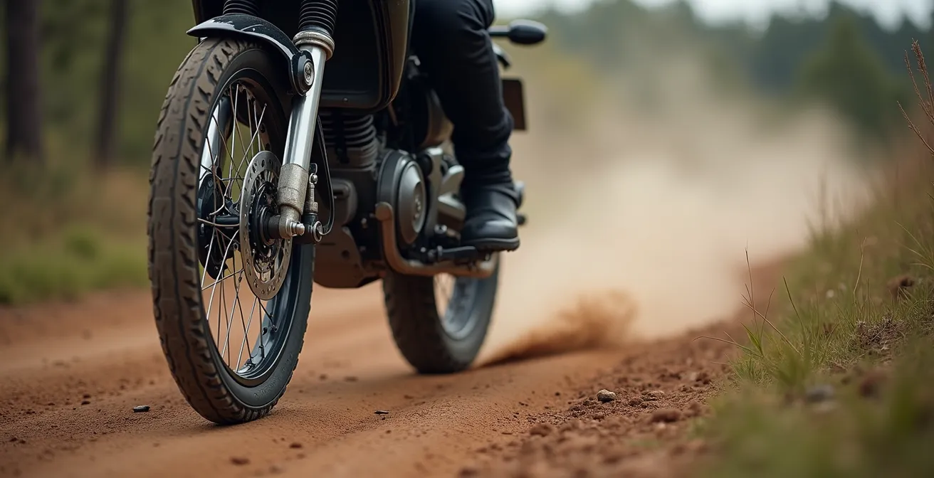 Motard en position debout sur les repose-pieds absorbant les chocs avec genoux fléchis