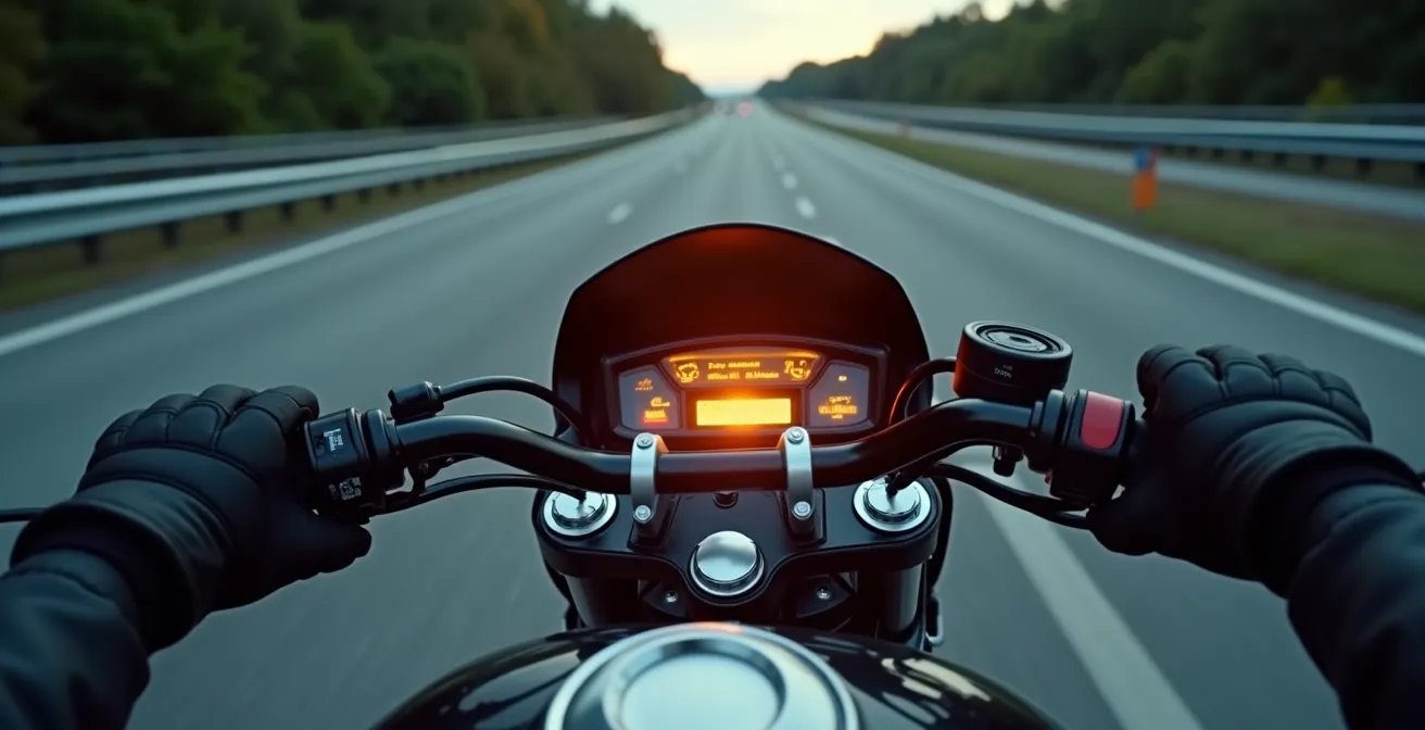 Vue du guidon et tableau de bord moto avec témoin de clignotant allumé, perspective conducteur