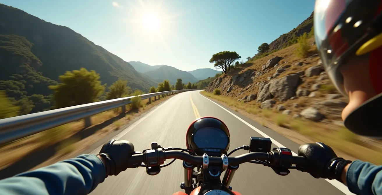 Vue subjective d'un motard analysant visuellement un virage avec points de repère