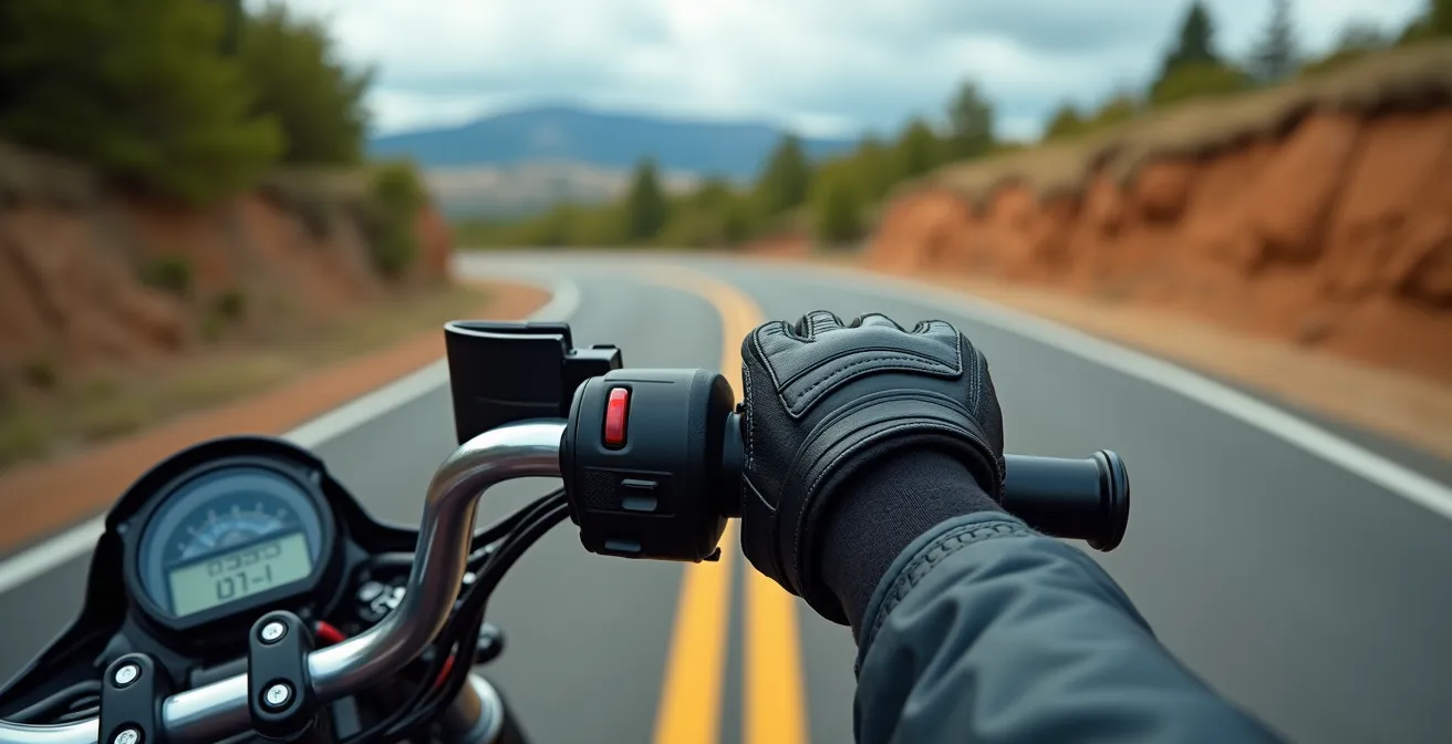 Gros plan sur les mains d'un motard démontrant la technique du contre-braquage