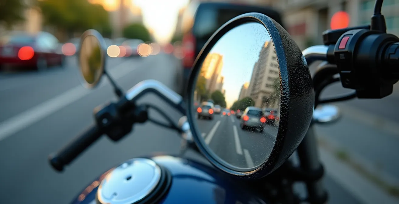 Vue macro détaillée d'un rétroviseur de moto reflétant le trafic urbain, illustrant l'importance du contrôle visuel