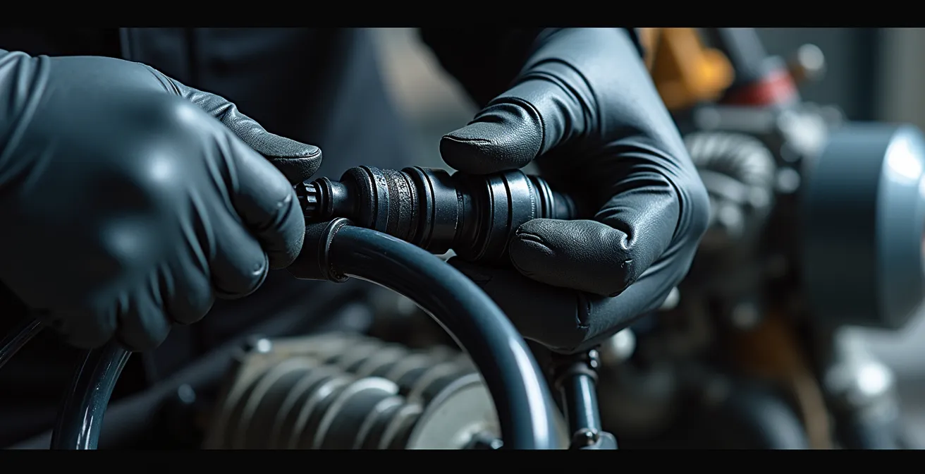 Gros plan sur les mains d'un mécanicien massant une durite de refroidissement pour éliminer les bulles d'air