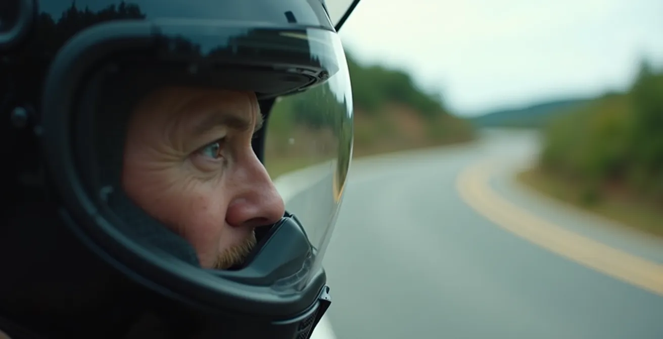 Gros plan sur le regard d'un motard fixant le point de sortie d'un virage