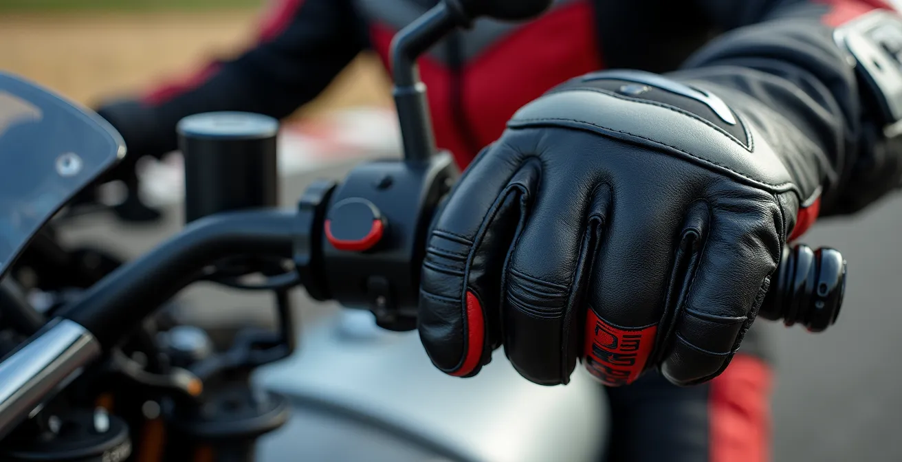 Gros plan macro sur une main de pilote dosant le levier de frein avec deux doigts en entrée de virage