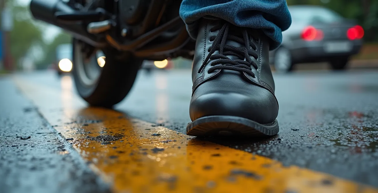 Vue latérale d'une botte de moto testant l'adhérence du sol à l'arrêt