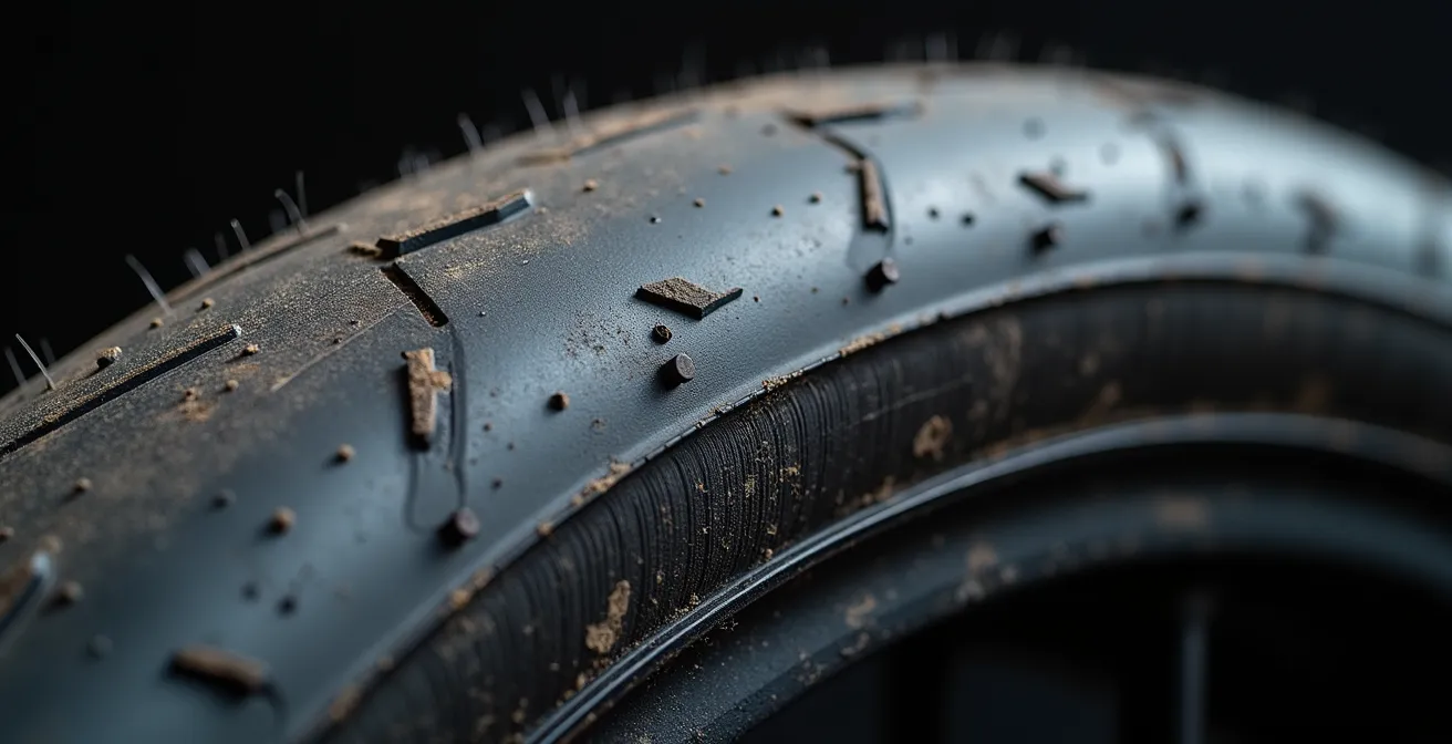 Détail de la surface d'un pneu moto après session piste montrant les marques d'usure caractéristiques